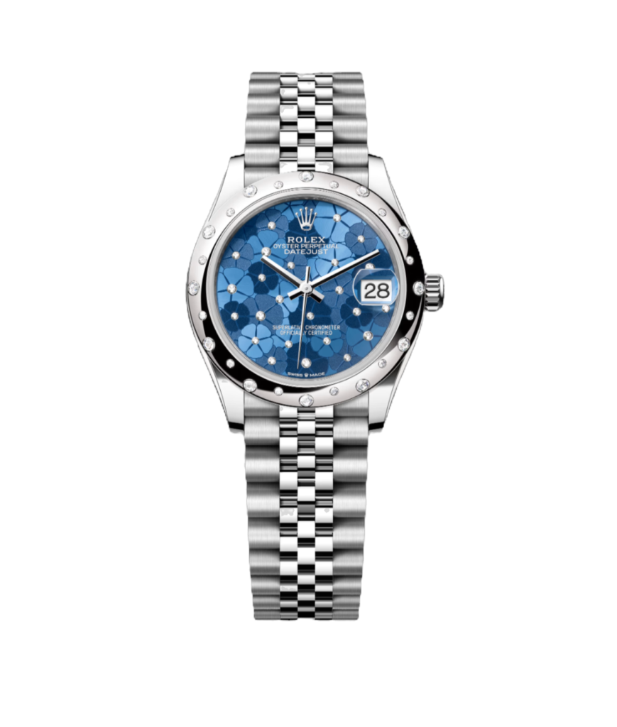 Super Clone Rolex ,Azzuro Blue, Floral Motif Set With Diamonds , 31 mm
