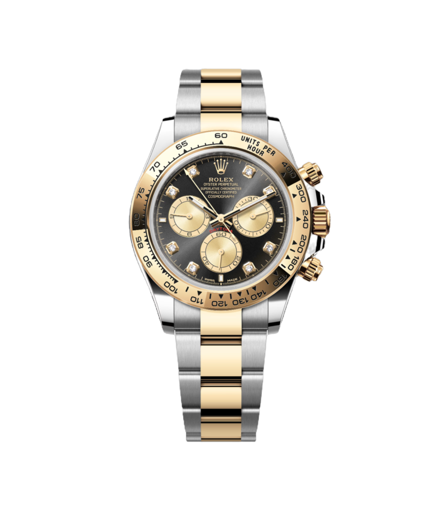 Super Clone Rolex Cosmograph Daytona, Black, Diamonds, Yellow Gold