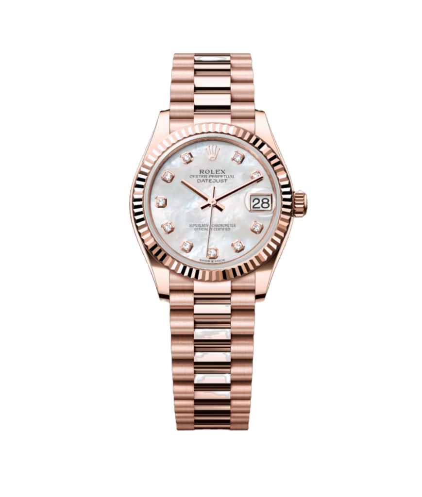 Super Clone Rolex ,White Mother-Of-Pearl Set With Diamonds , 31 mm, Everose Gold