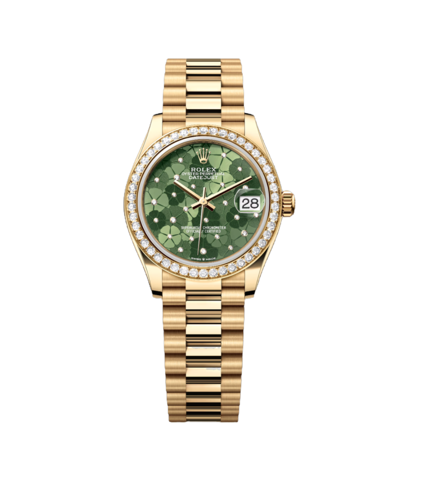Super Clone Rolex ,Olive Green, Floral Motif Set With Diamons , 31 mm