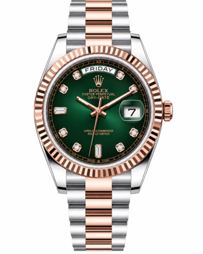Reduced Rolex Day-Date Two Tone Green Diamond Dial Oyster Bracelet