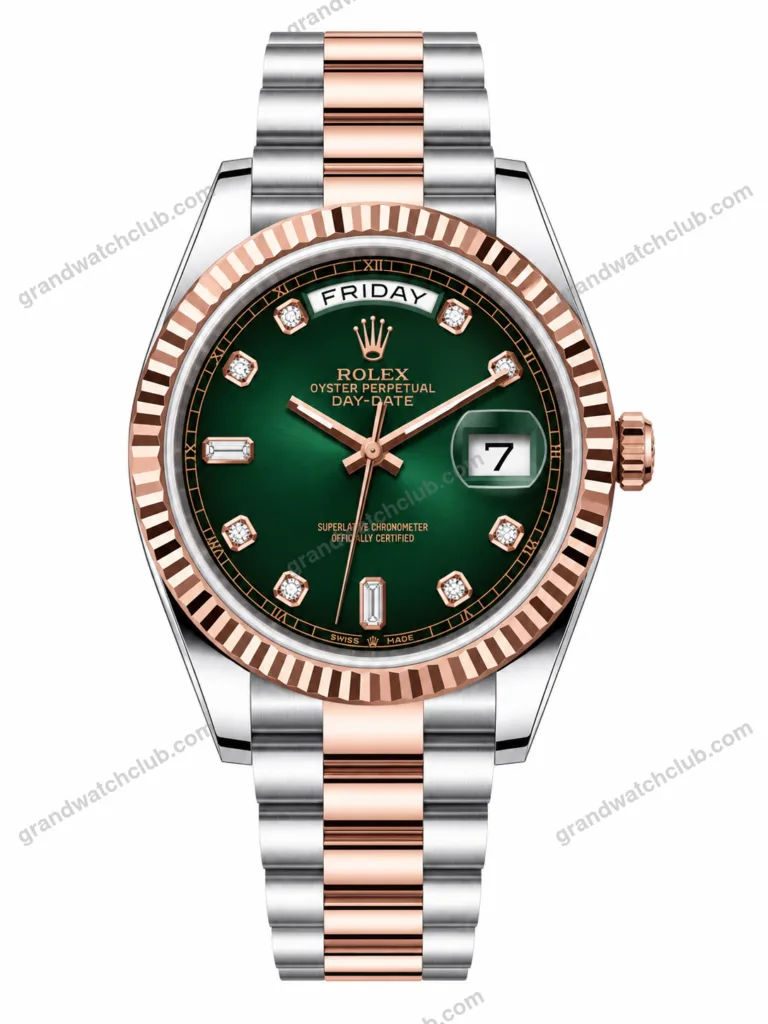 Reduced Rolex Day-Date Two Tone Green Diamond Dial Oyster Bracelet