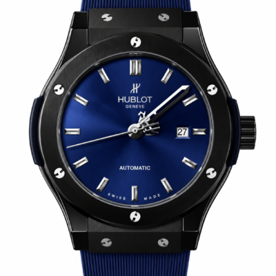 Super Clone Hublot Classic Fusion Black Blue Sunburst Dial Rubber Strap