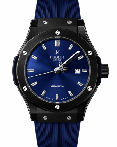 Super Clone Hublot Classic Fusion Black Blue Sunburst Dial Rubber Strap