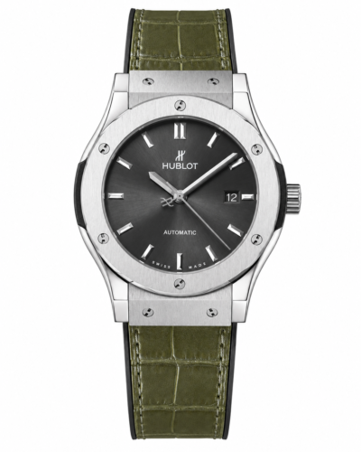 Super Clone Hublot Classic Fusion Silver Black Dial Green Crocodile Leather Strap