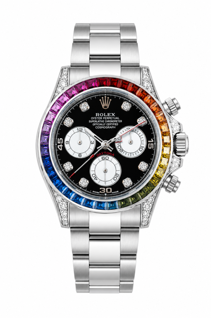 Super Clone Rolex Daytona Rainbow Crystal Index Silver Edition