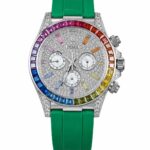 Super Clone Rolex Daytona Rainbow Silver Diamond Dial Oysterflex Green Strap