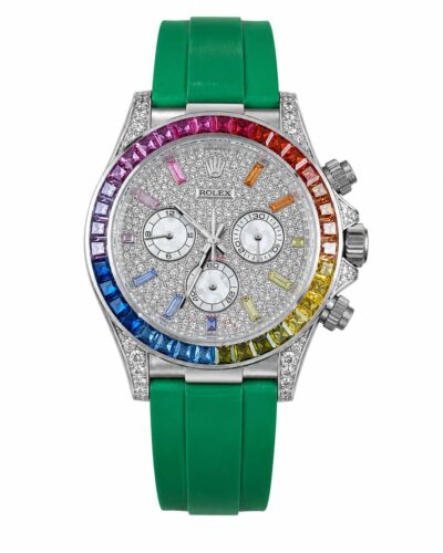 Super Clone Rolex Daytona Rainbow Silver Diamond Dial Oysterflex Green Strap