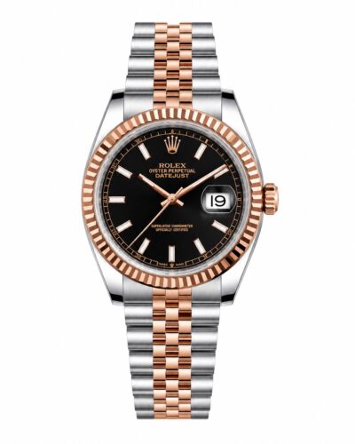 Super Clone Rolex Datejust 36 MM Black Dial Jubilee Bracelet Rose Gold Two Tone Fluted Bezel