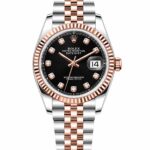 Super Clone Rolex Datejust 36 MM Black Diamond Dial Jubilee Bracelet Rose Gold Two Tone Fluted Bezel
