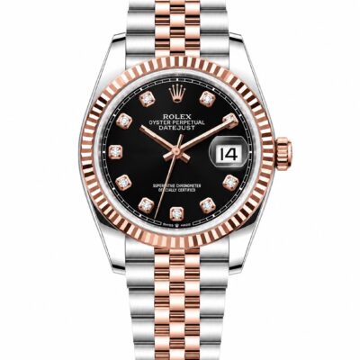 Super Clone Rolex Datejust 36 MM Black Diamond Dial Jubilee Bracelet Rose Gold Two Tone Fluted Bezel