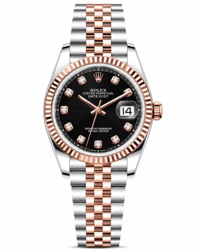 Super Clone Rolex Datejust 36 MM Black Diamond Dial Jubilee Bracelet Rose Gold Two Tone Fluted Bezel
