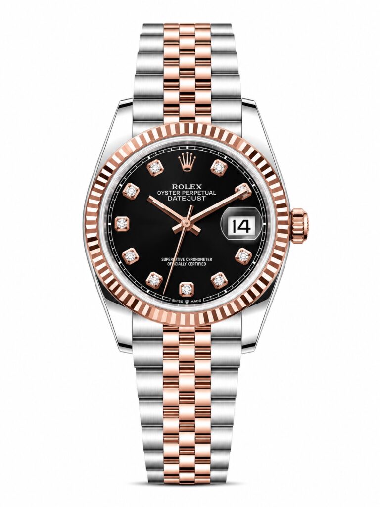 Super Clone Rolex Datejust 36 MM Black Diamond Dial Jubilee Bracelet Rose Gold Two Tone Fluted Bezel