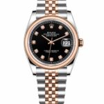Super Clone Rolex Datejust 36 MM Black Diamond Dial Jubilee Bracelet Rose Gold Two Tone Smooth Bezel
