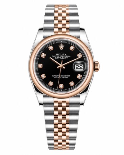 Super Clone Rolex Datejust 36 MM Black Diamond Dial Jubilee Bracelet Rose Gold Two Tone Smooth Bezel