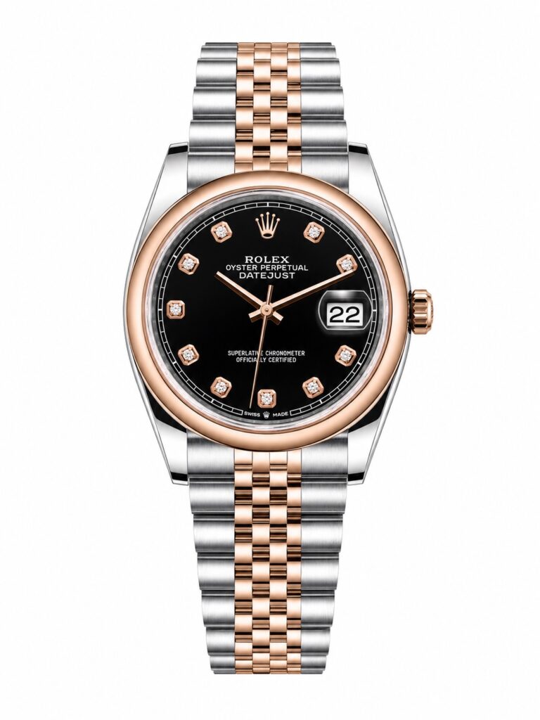 Super Clone Rolex Datejust 36 MM Black Diamond Dial Jubilee Bracelet Rose Gold Two Tone Smooth Bezel
