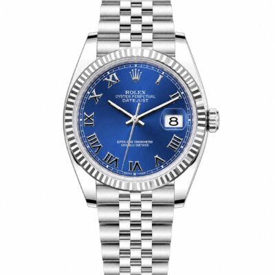 Super Clone Rolex Datejust 36 MM Blue Roman Dial Jubilee Bracelet Fluted Bezel Stainless Steel