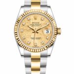 Super Clone Rolex Datejust 36 MM Champagne Diamond Dial Oyster Bracelet Gold Two Tone Fluted Bezel