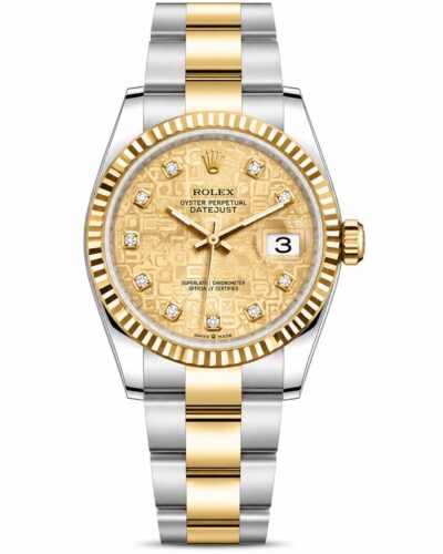 Super Clone Rolex Datejust 36 MM Champagne Diamond Dial Oyster Bracelet Gold Two Tone Fluted Bezel