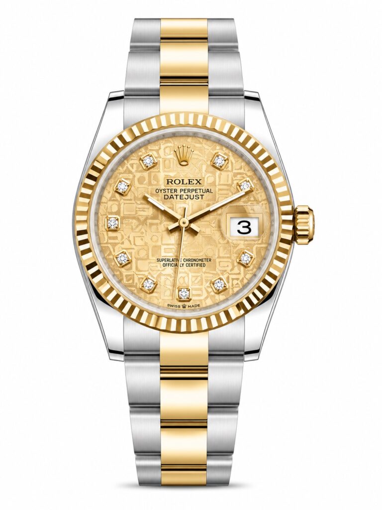 Super Clone Rolex Datejust 36 MM Champagne Diamond Dial Oyster Bracelet Gold Two Tone Fluted Bezel