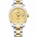 Super Clone Rolex Datejust 36 MM Champagne Motif Dial Oyster Bracelet Yellow Gold Two Tone Smooth Bezel