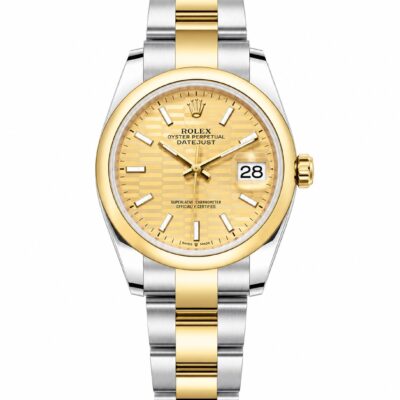 Super Clone Rolex Datejust 36 MM Champagne Motif Dial Oyster Bracelet Yellow Gold Two Tone Smooth Bezel