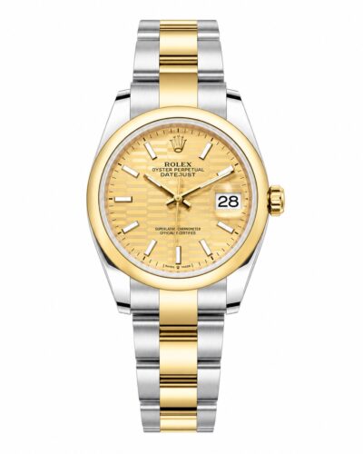 Super Clone Rolex Datejust 36 MM Champagne Motif Dial Oyster Bracelet Yellow Gold Two Tone Smooth Bezel