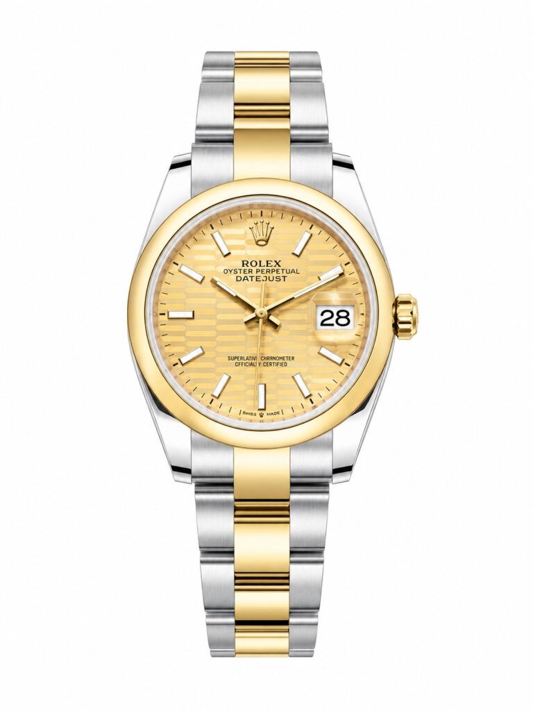 Super Clone Rolex Datejust 36 MM Champagne Motif Dial Oyster Bracelet Yellow Gold Two Tone Smooth Bezel