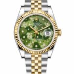Super Clone Rolex Datejust 36 MM Green Floral Diamond Dial Jubilee Bracelet Gold Two Tone Fluted Bezel