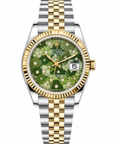 Super Clone Rolex Datejust 36 MM Green Floral Diamond Dial Jubilee Bracelet Gold Two Tone Fluted Bezel