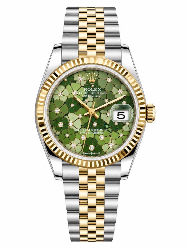 Super Clone Rolex Datejust 36 MM Green Floral Diamond Dial Jubilee Bracelet Gold Two Tone Fluted Bezel