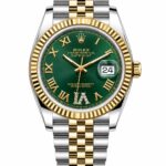 Super Clone Rolex Datejust 36 MM Green Roman Dial Jubilee Bracelet Gold Two Tone Fluted Bezel Diamond VI Marker