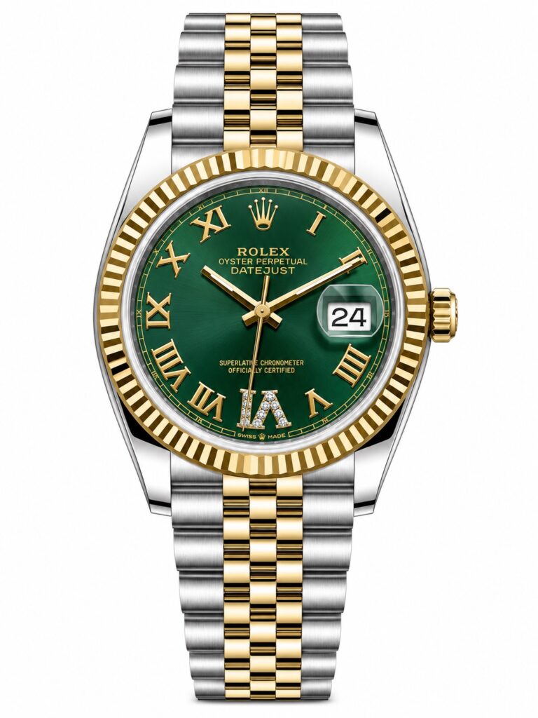 Super Clone Rolex Datejust 36 MM Green Roman Dial Jubilee Bracelet Gold Two Tone Fluted Bezel Diamond VI Marker