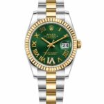 Super Clone Rolex Datejust 36 MM Green Roman Dial Oyster Bracelet Rose Gold Two Tone Fluted Bezel