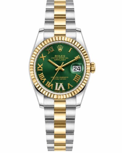 Super Clone Rolex Datejust 36 MM Green Roman Dial Oyster Bracelet Rose Gold Two Tone Fluted Bezel