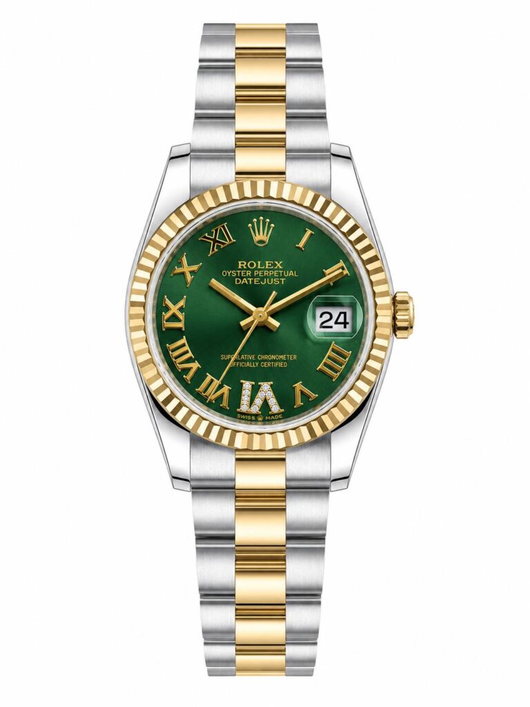 Super Clone Rolex Datejust 36 MM Green Roman Dial Oyster Bracelet Rose Gold Two Tone Fluted Bezel