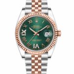 Super Clone Rolex Datejust 36 MM Green Roman Diamond Dial Jubilee Bracelet Everose Gold Two Tone Fluted Bezel