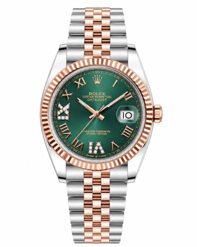 Super Clone Rolex Datejust 36 MM Green Roman Diamond Dial Jubilee Bracelet Everose Gold Two Tone Fluted Bezel