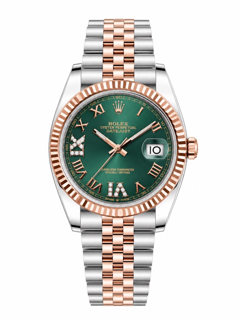 Super Clone Rolex Datejust 36 MM Green Roman Diamond Dial Jubilee Bracelet Everose Gold Two Tone Fluted Bezel