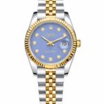 Super Clone Rolex Datejust 36 MM Ice Blue Diamond Dial Jubilee Bracelet Gold Two Tone Fluted Bezel