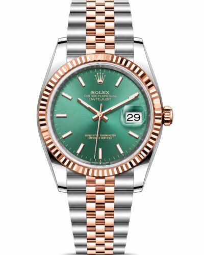 Super Clone Rolex Datejust 36 MM Mint Green Dial Jubilee Bracelet Rose Gold Two Tone Fluted Bezel