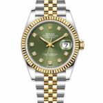 Super Clone Rolex Datejust 36 MM Olive Green Diamond Dial Jubilee Bracelet Gold Two Tone Fluted Bezel