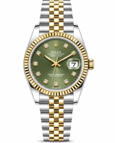 Super Clone Rolex Datejust 36 MM Olive Green Diamond Dial Jubilee Bracelet Gold Two Tone Fluted Bezel