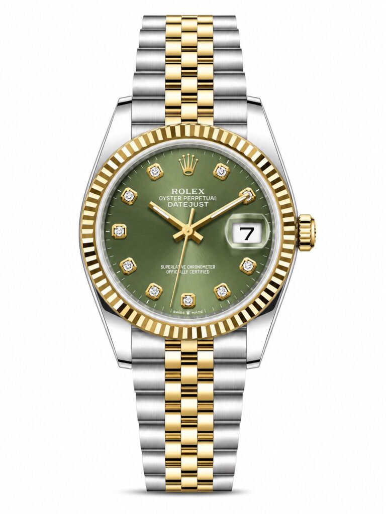 Super Clone Rolex Datejust 36 MM Olive Green Diamond Dial Jubilee Bracelet Gold Two Tone Fluted Bezel