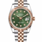 Super Clone Rolex Datejust 36 MM Olive Green Diamond Dial Jubilee Bracelet Rose Gold Two Tone Fluted Bezel