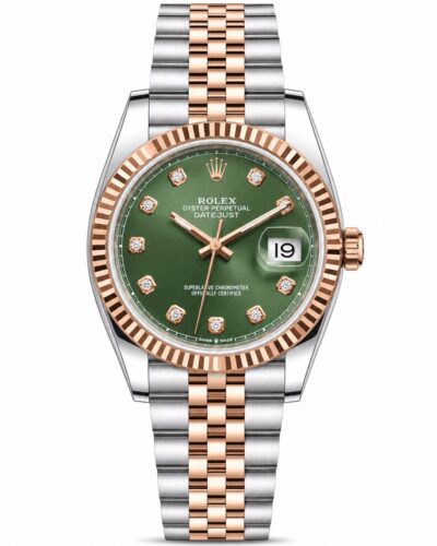 Super Clone Rolex Datejust 36 MM Olive Green Diamond Dial Jubilee Bracelet Rose Gold Two Tone Fluted Bezel
