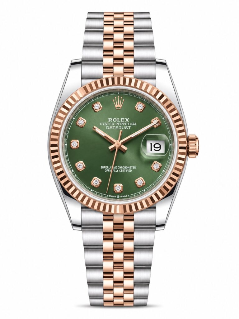 Super Clone Rolex Datejust 36 MM Olive Green Diamond Dial Jubilee Bracelet Rose Gold Two Tone Fluted Bezel