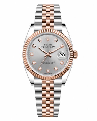 Super Clone Rolex Datejust 36 MM Silver Diamond Dial Jubilee Bracelet Everose Gold Two Tone Fluted Bezel