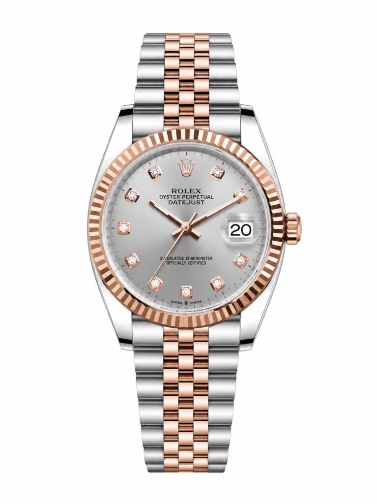 Super Clone Rolex Datejust 36 MM Silver Diamond Dial Jubilee Bracelet Everose Gold Two Tone Fluted Bezel