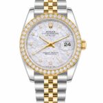 Super Clone Rolex Datejust 36 MM White Floral Diamond Dial Jubilee Bracelet Yellow Gold Two Tone Diamond Bezel